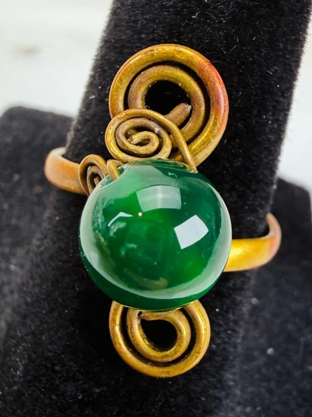 Vintage aged brass to green accent, Bohemian chic ring size 6 1/4